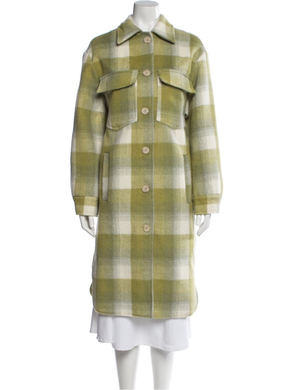 (NWT) Apparis Green Apple Gingham Plaid Long Wool-Blend Coat